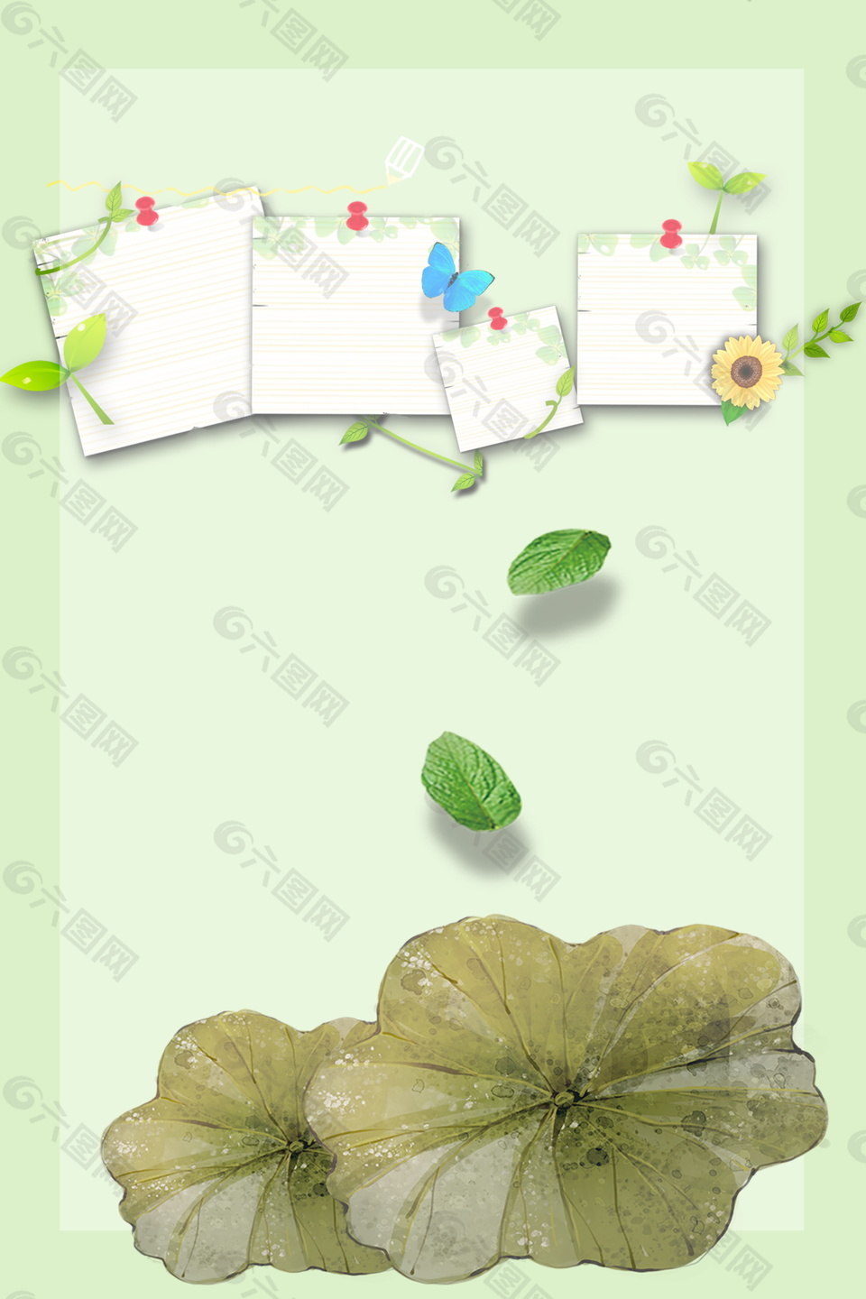 花朵蝴蝶绿叶标本绿色背景素材