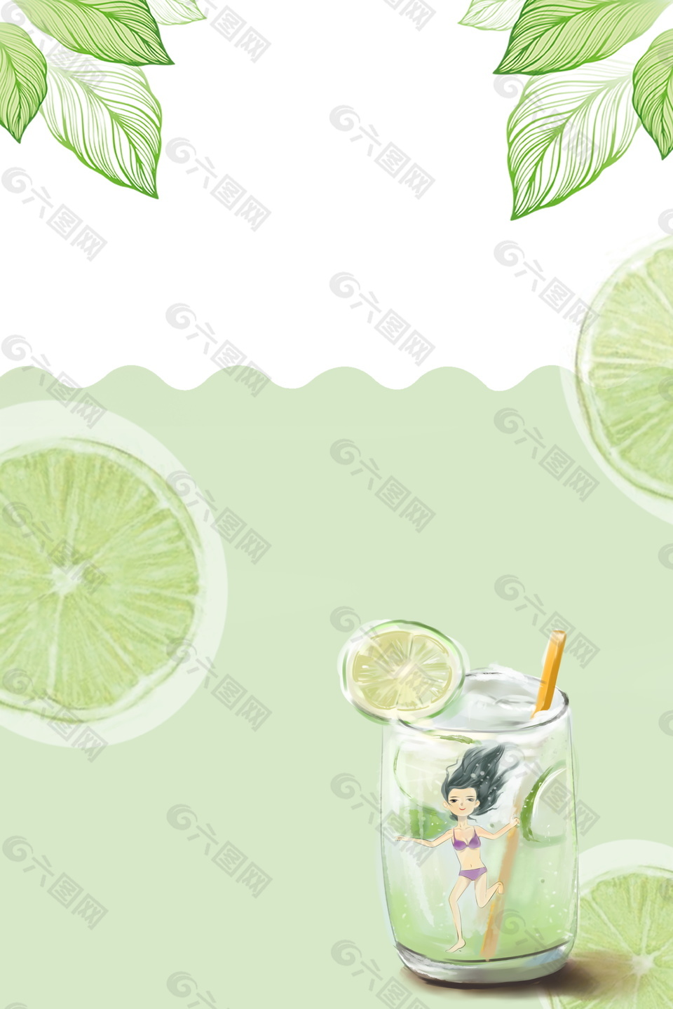 绿叶纹路柠檬冰饮绿色背景素材
