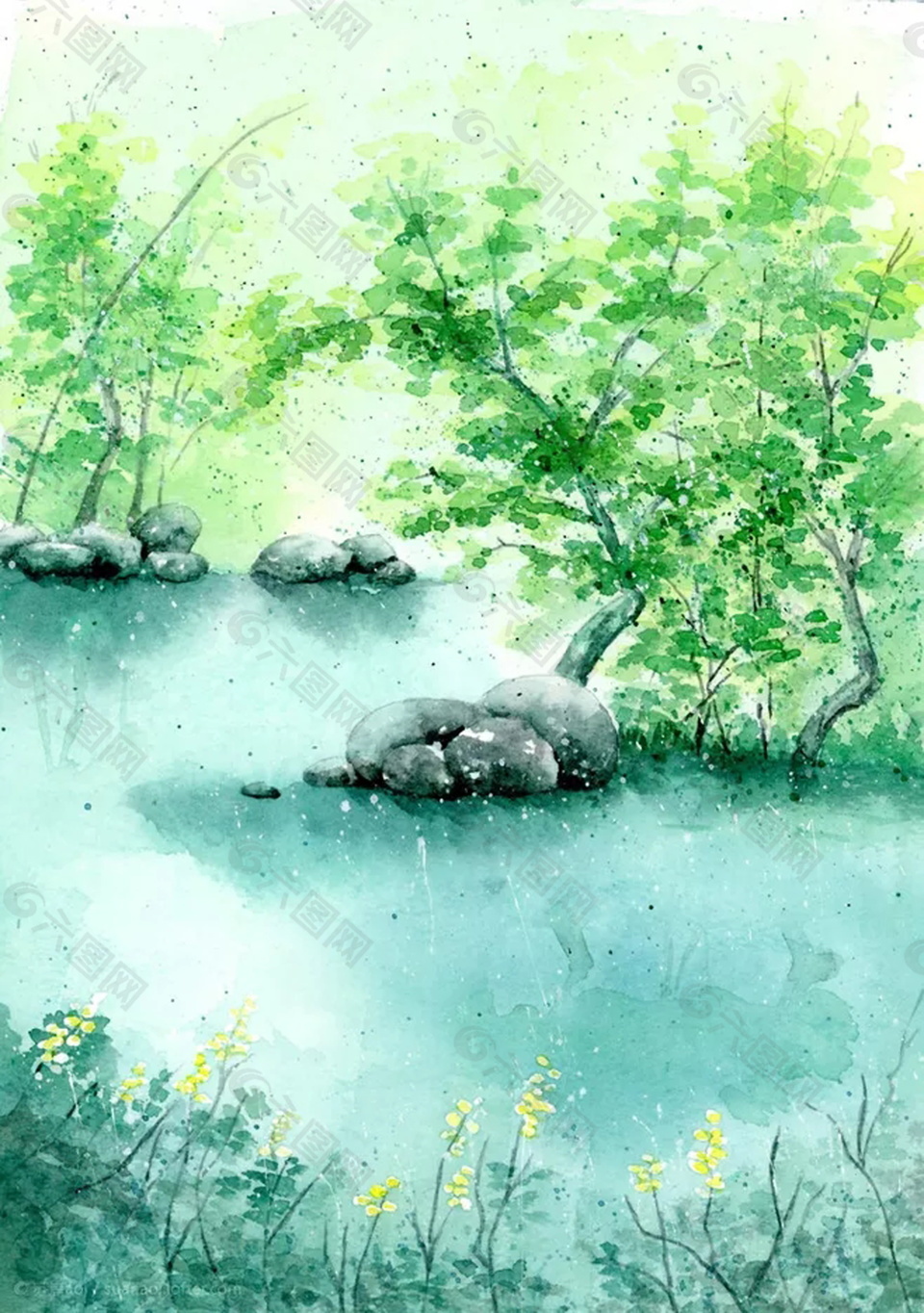 河边小树黄花绿色背景素材
