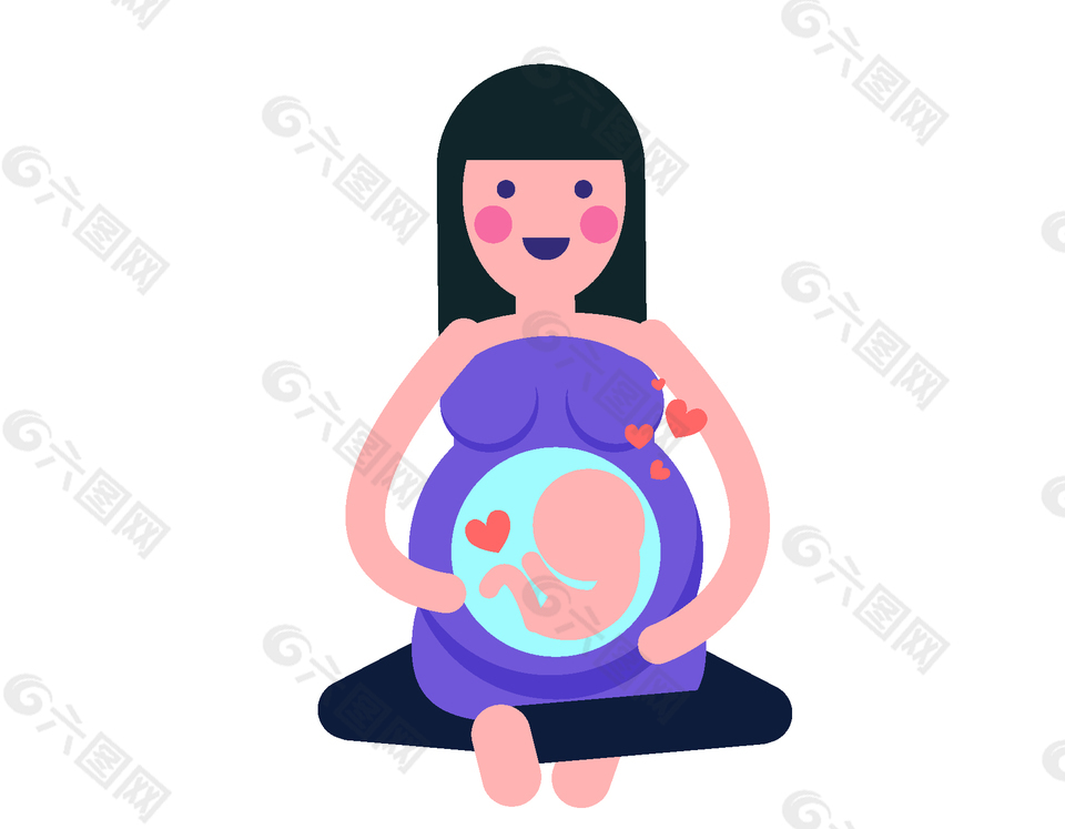 扁平卡通穿紫色裙子的怀孕美女