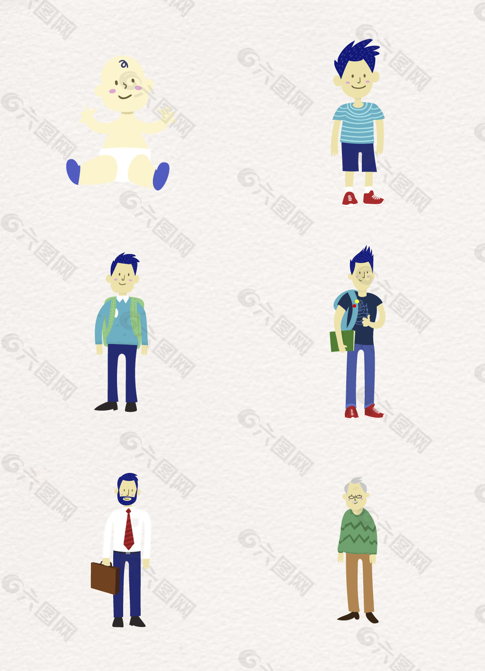 卡通人物变老过程矢量图