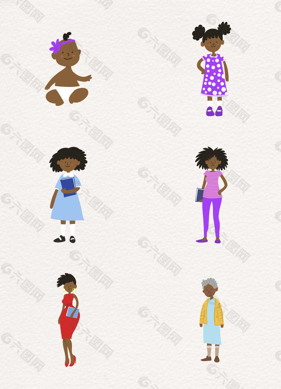 矢量非洲女孩不同年龄人物设计