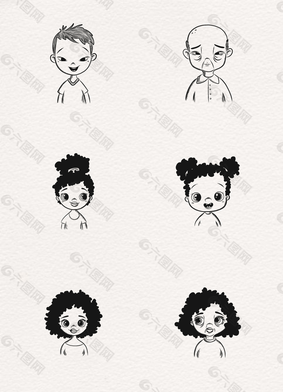 6款不同发型和性别的人物素描头像