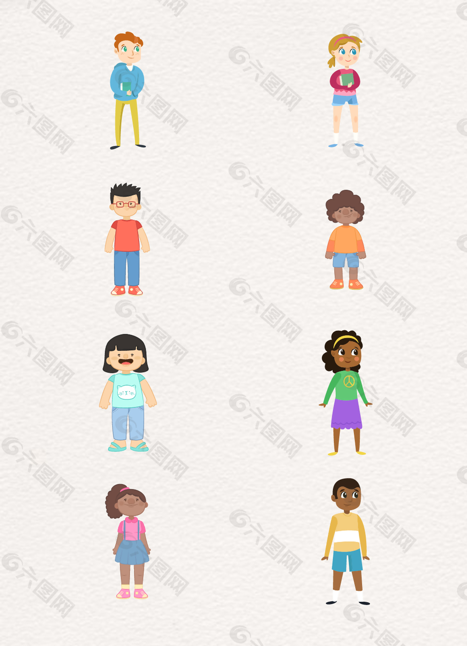 不同肤色的儿童矢量人物设计