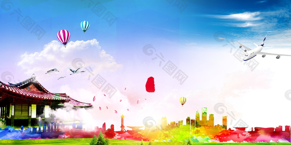 清新手绘韩国风景广告背景