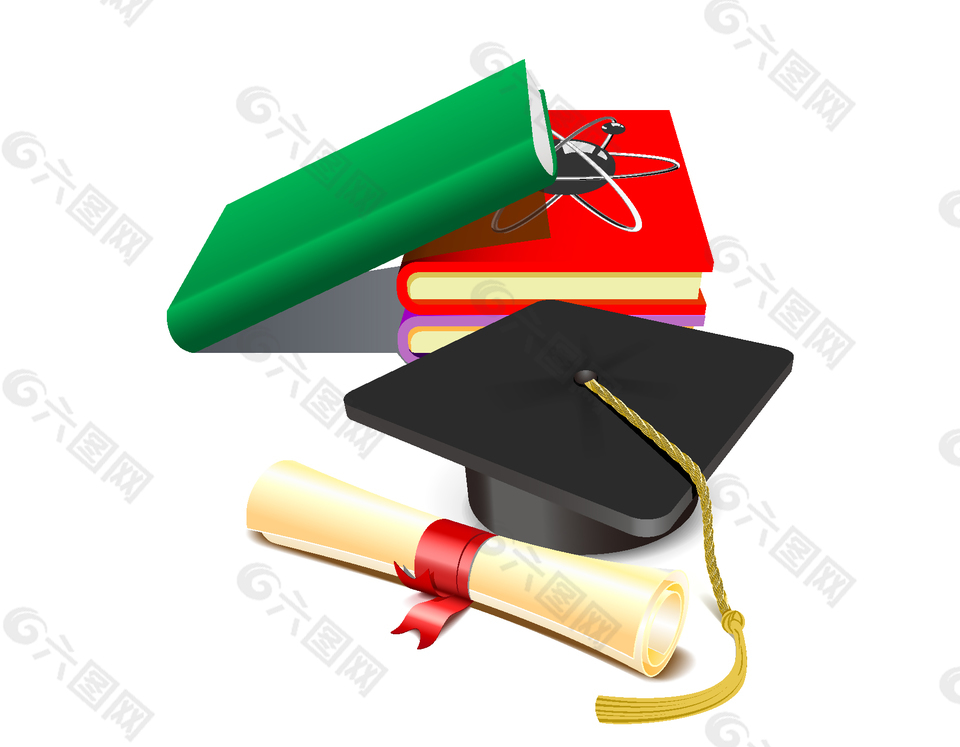 书本学士帽与学位证书矢量图
