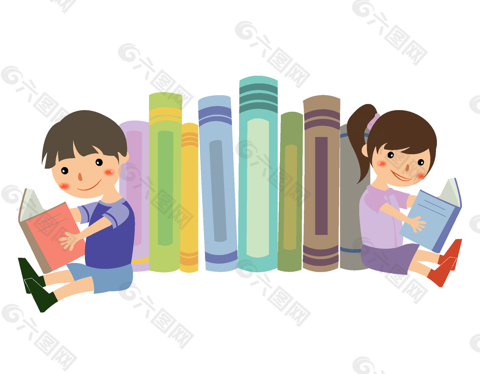 卡通坐在地上看书的小孩矢量图