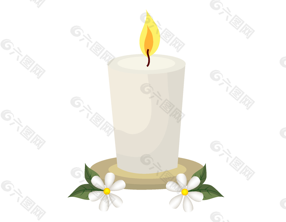 燃烧的蜡烛与白色花朵矢量素材