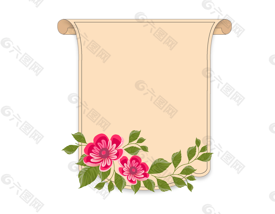 红花绿叶装饰卷纸边框矢量素材