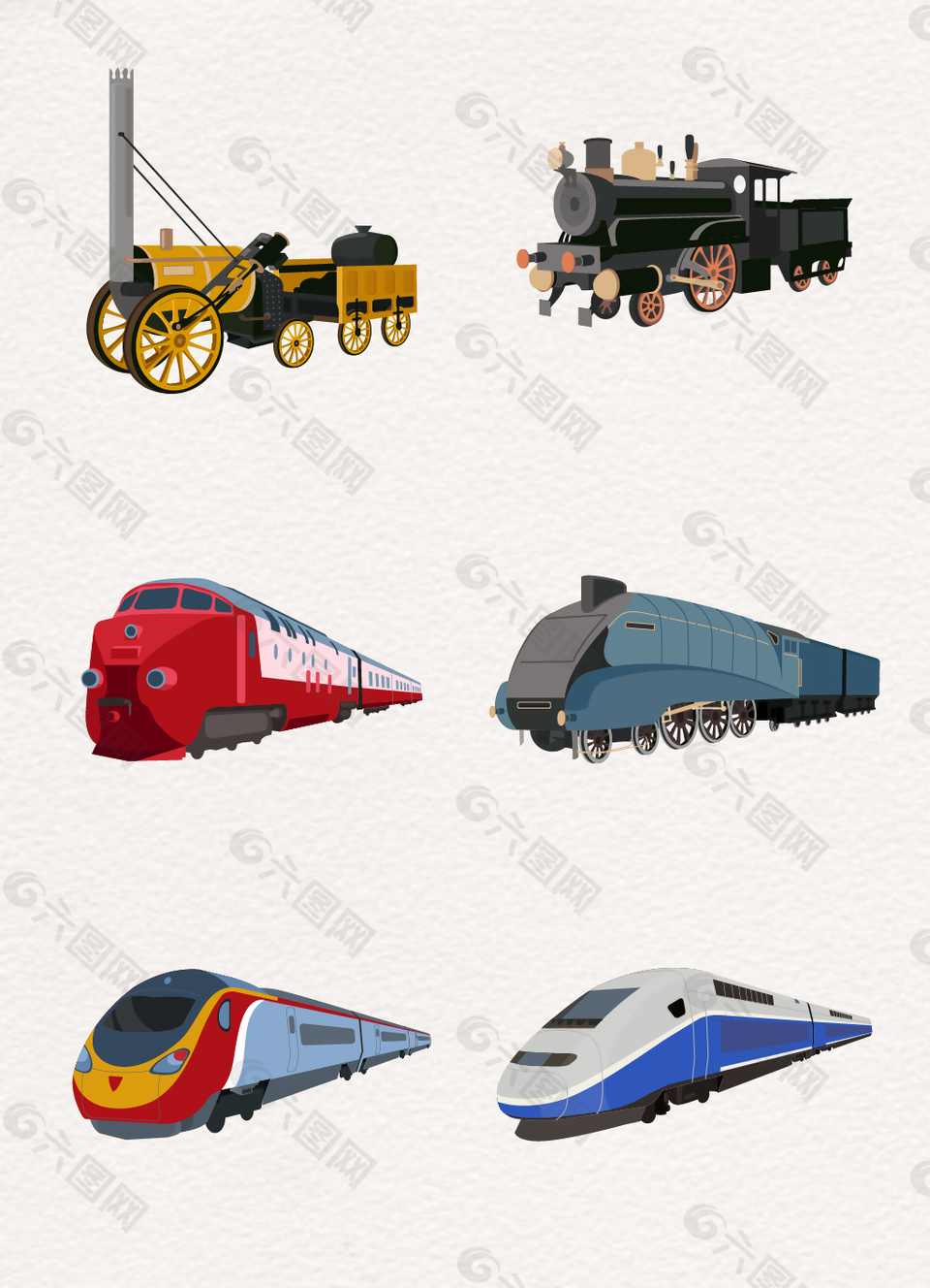 手绘高铁和老式火车矢量图片