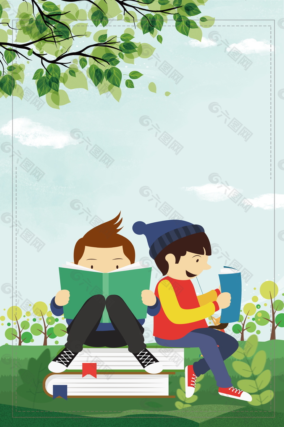 坐在树底下阅读的小男孩背景素材