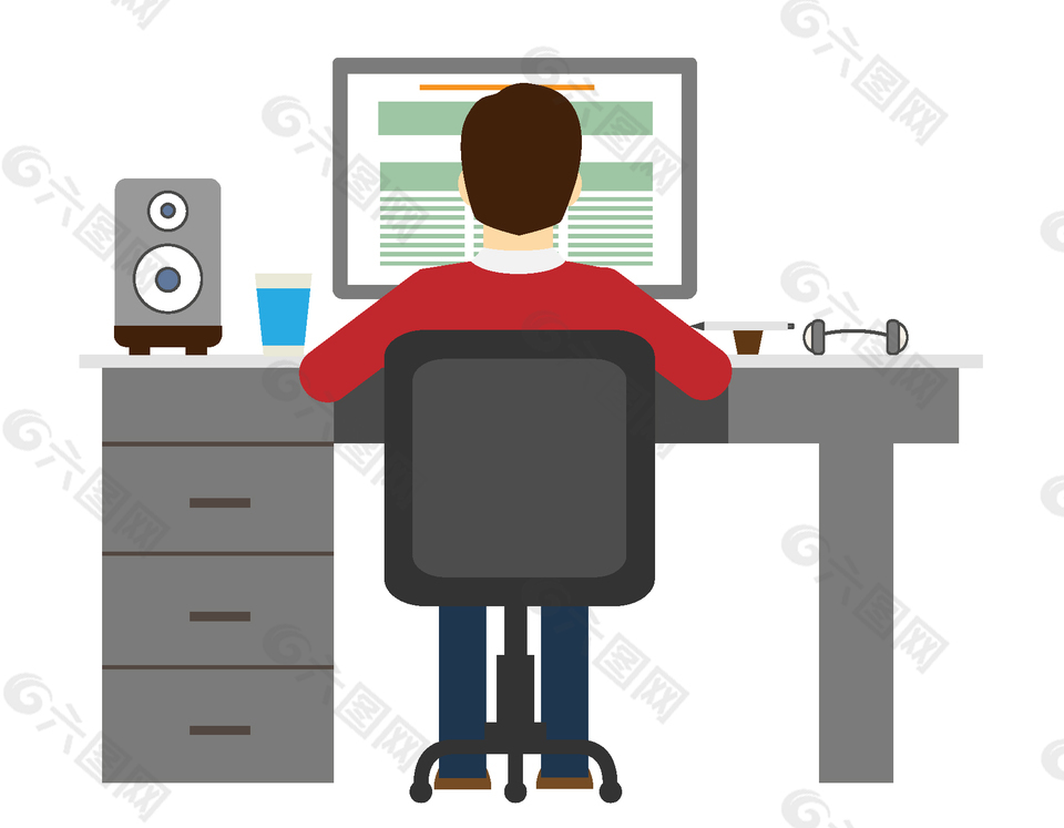 卡通男士在电脑上工作矢量元素