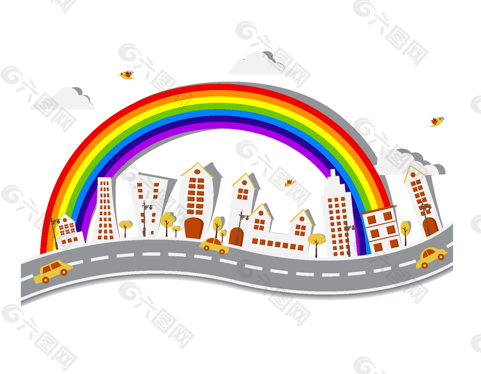 手绘城市建筑公路与彩虹
