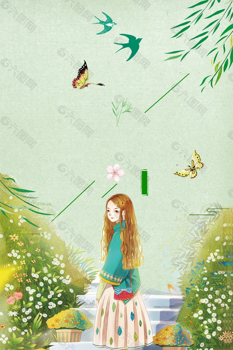 手绘唯美女孩花丛燕子柳叶绿色背景素材