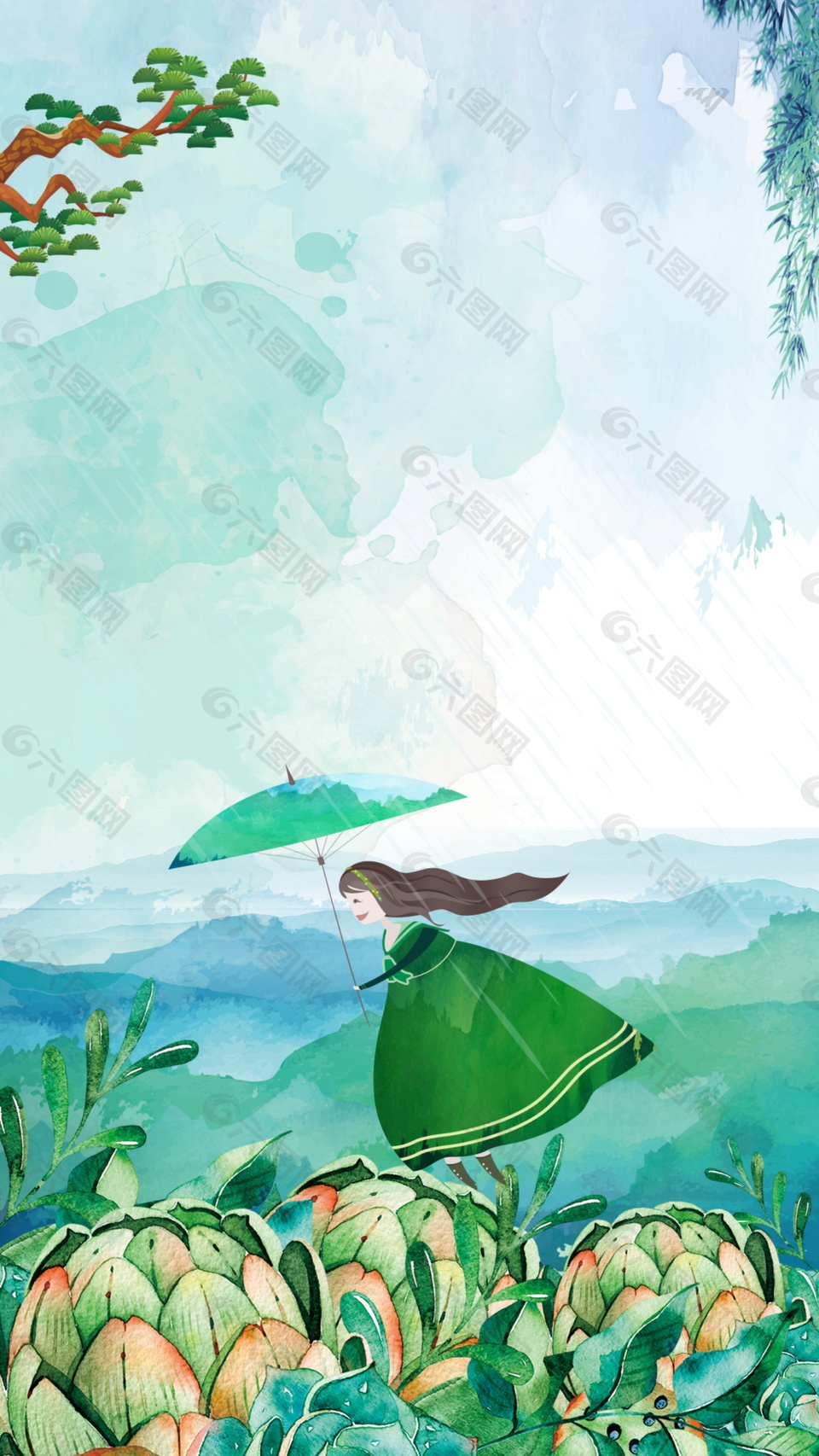手绘雨中绿叶姑娘海报背景素材