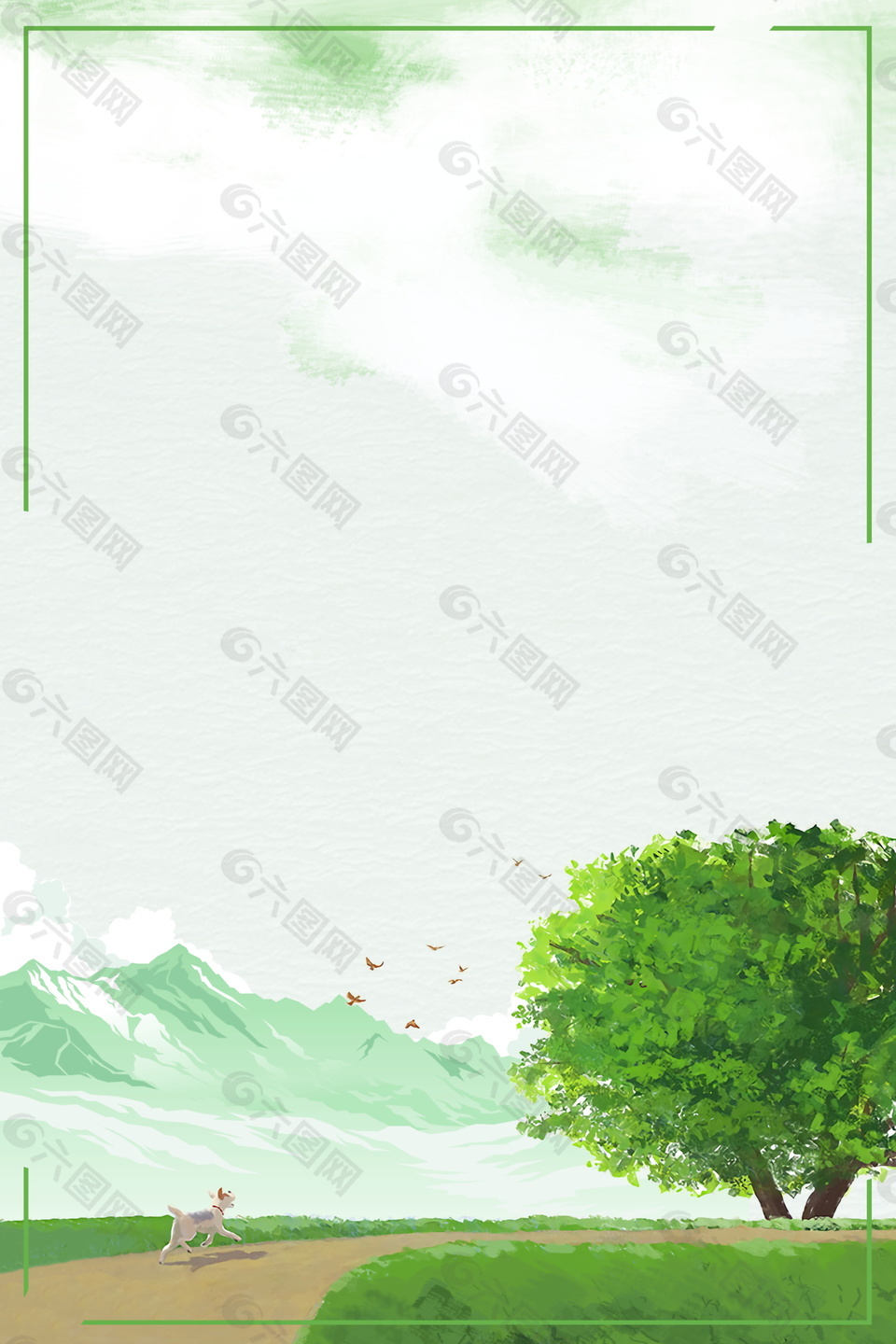 作品主题是简约大树远山边框绿色背景素材,编号是9296453,格式是pd
