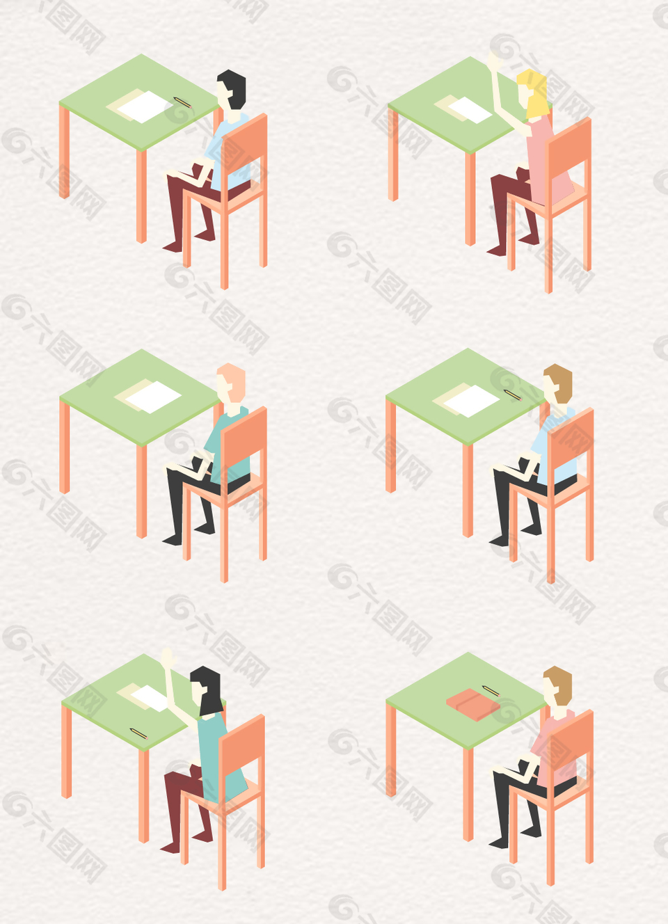 扁平化浅色学生和课桌5h卡通素材