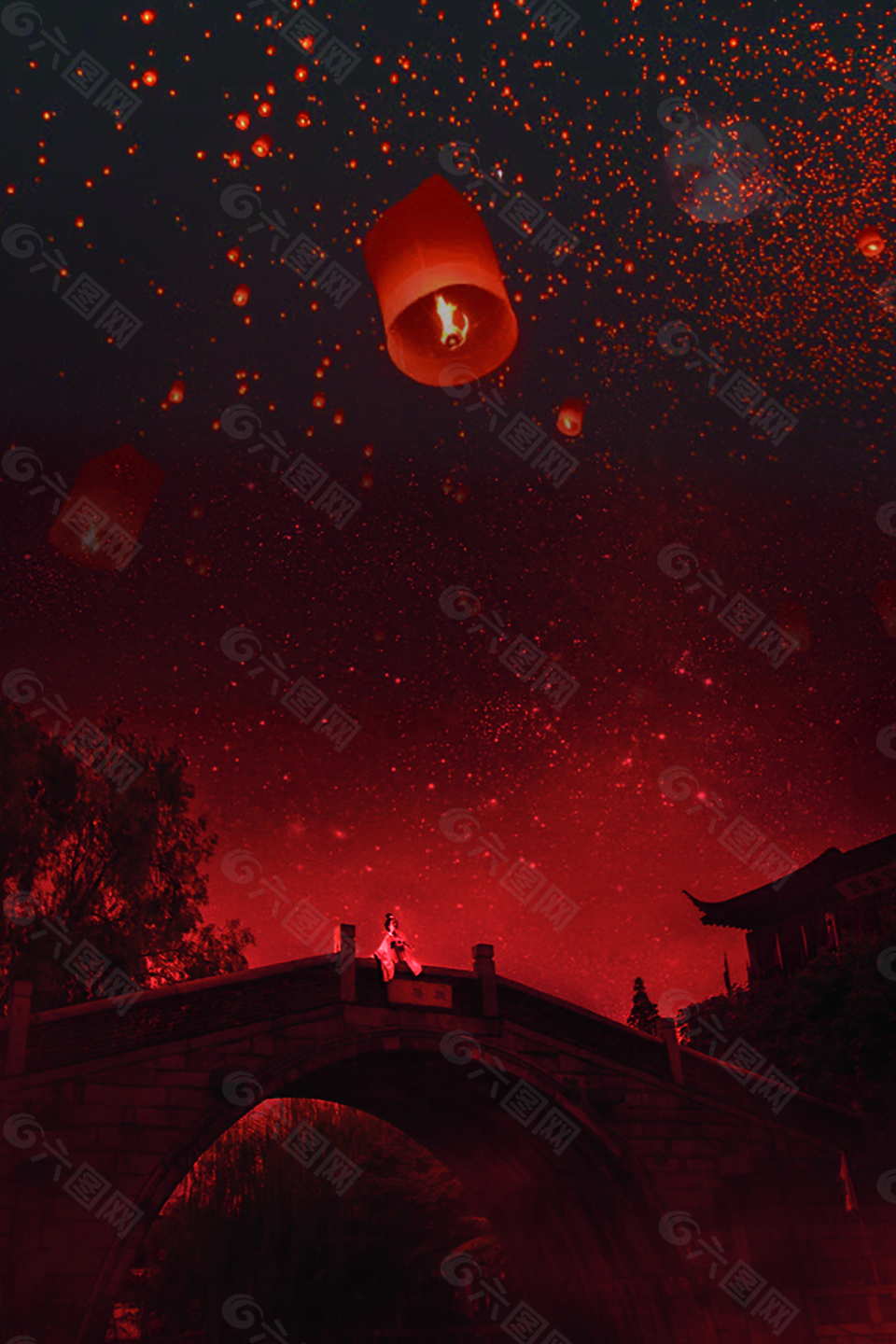 花灯古建筑中元节背景