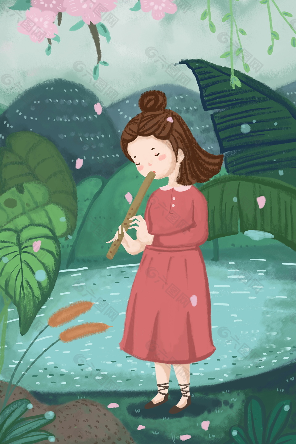花朵池塘边吹长笛的女孩背景