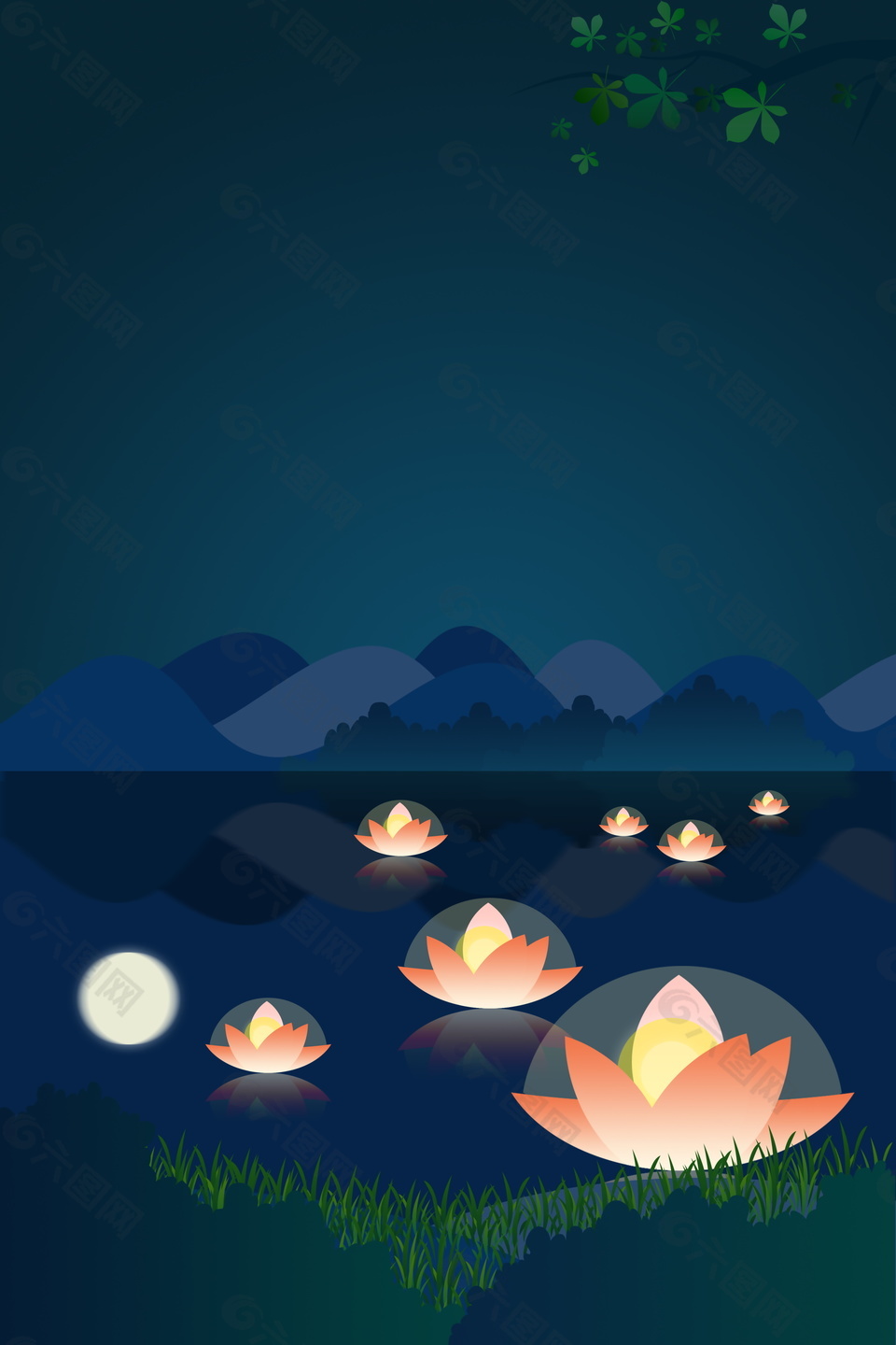 传统处暑节气湖面上的莲灯背景素材