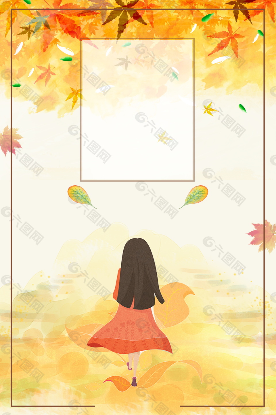 黄色枫叶相框女孩背影处暑背景素材