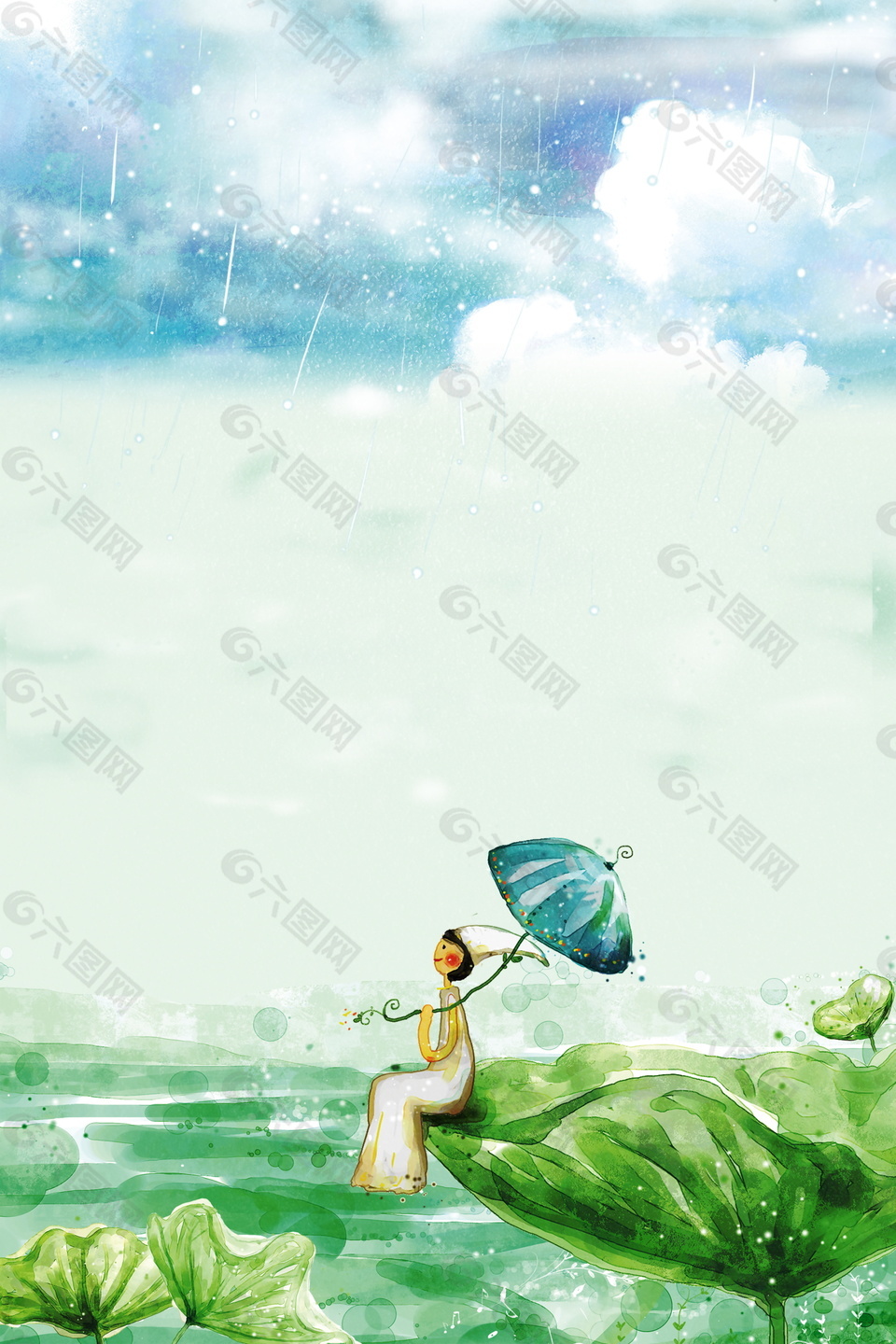 手绘女孩撑叶子伞处暑背景素材