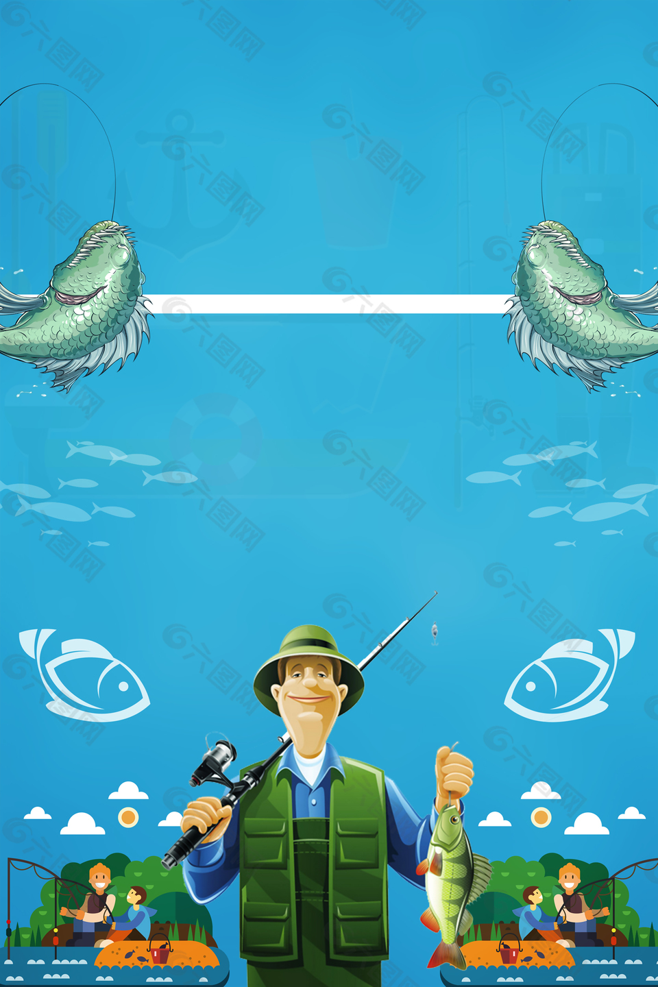 蓝色手绘卡通渔夫垂钓海报背景
