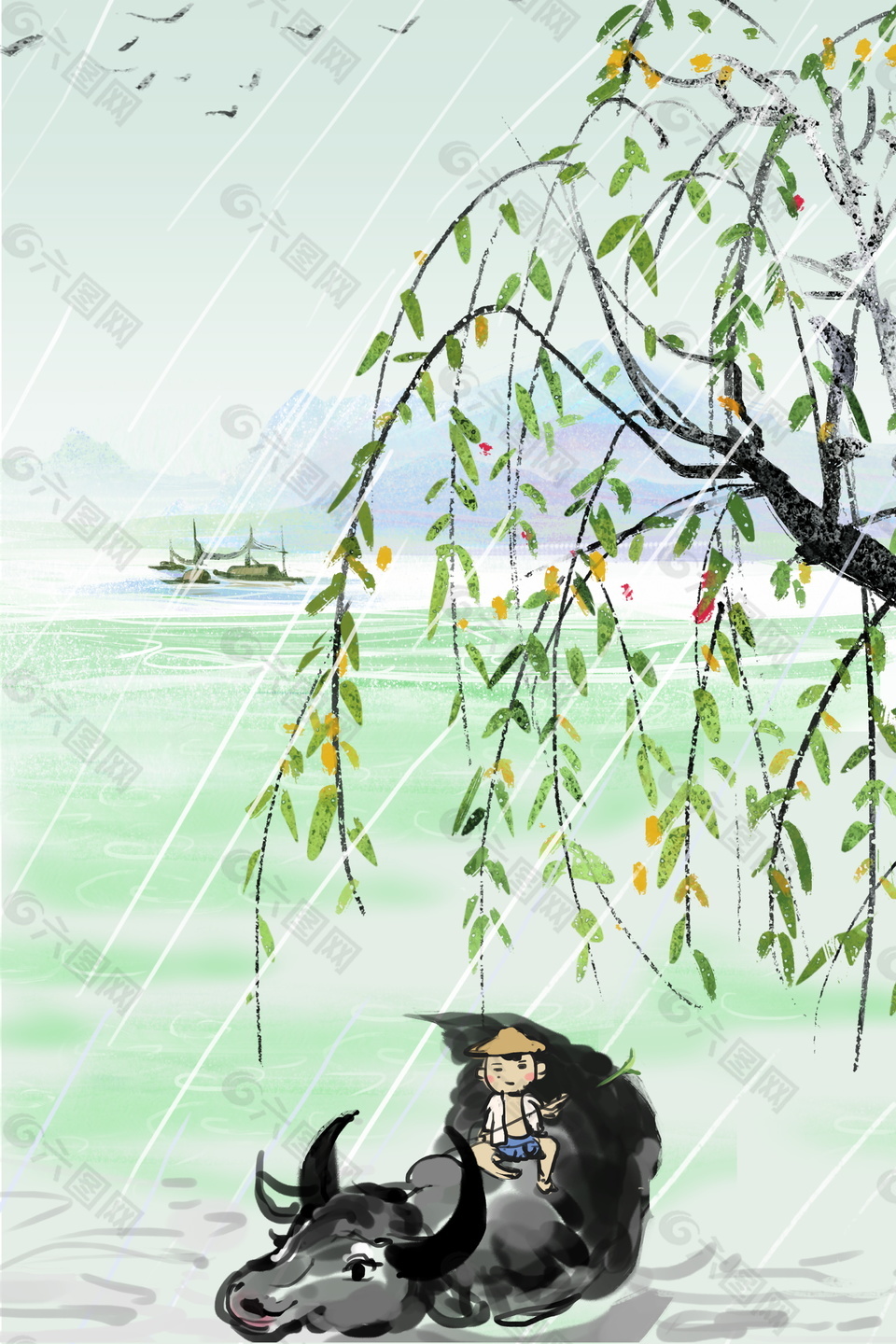 手绘中国风柳树广告背景