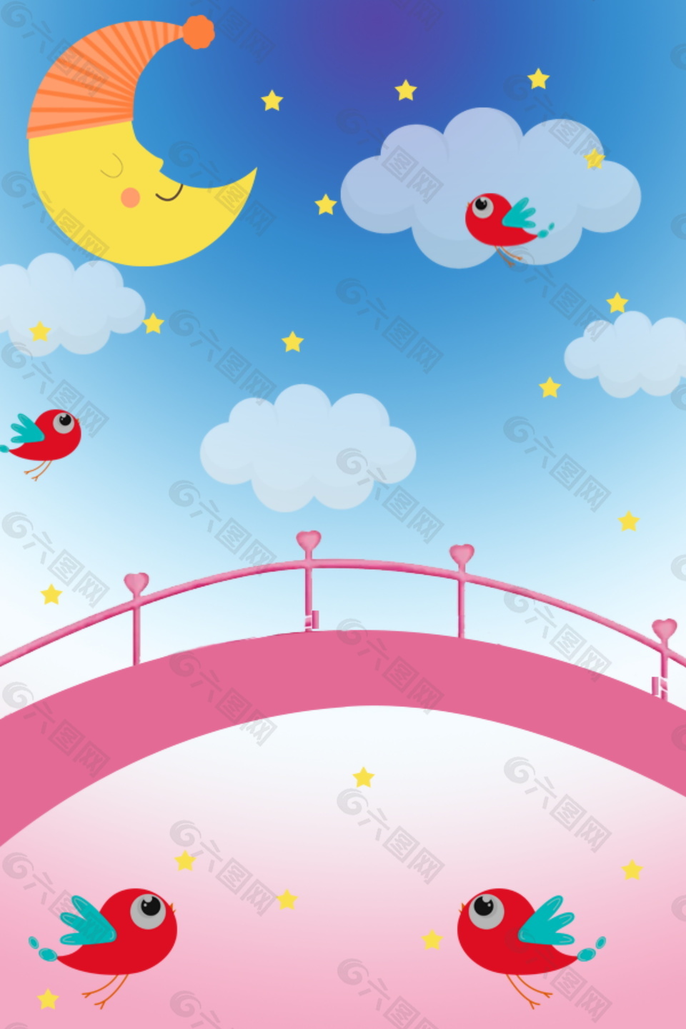 彩绘卡通喜鹊相会七夕情人节背景设计