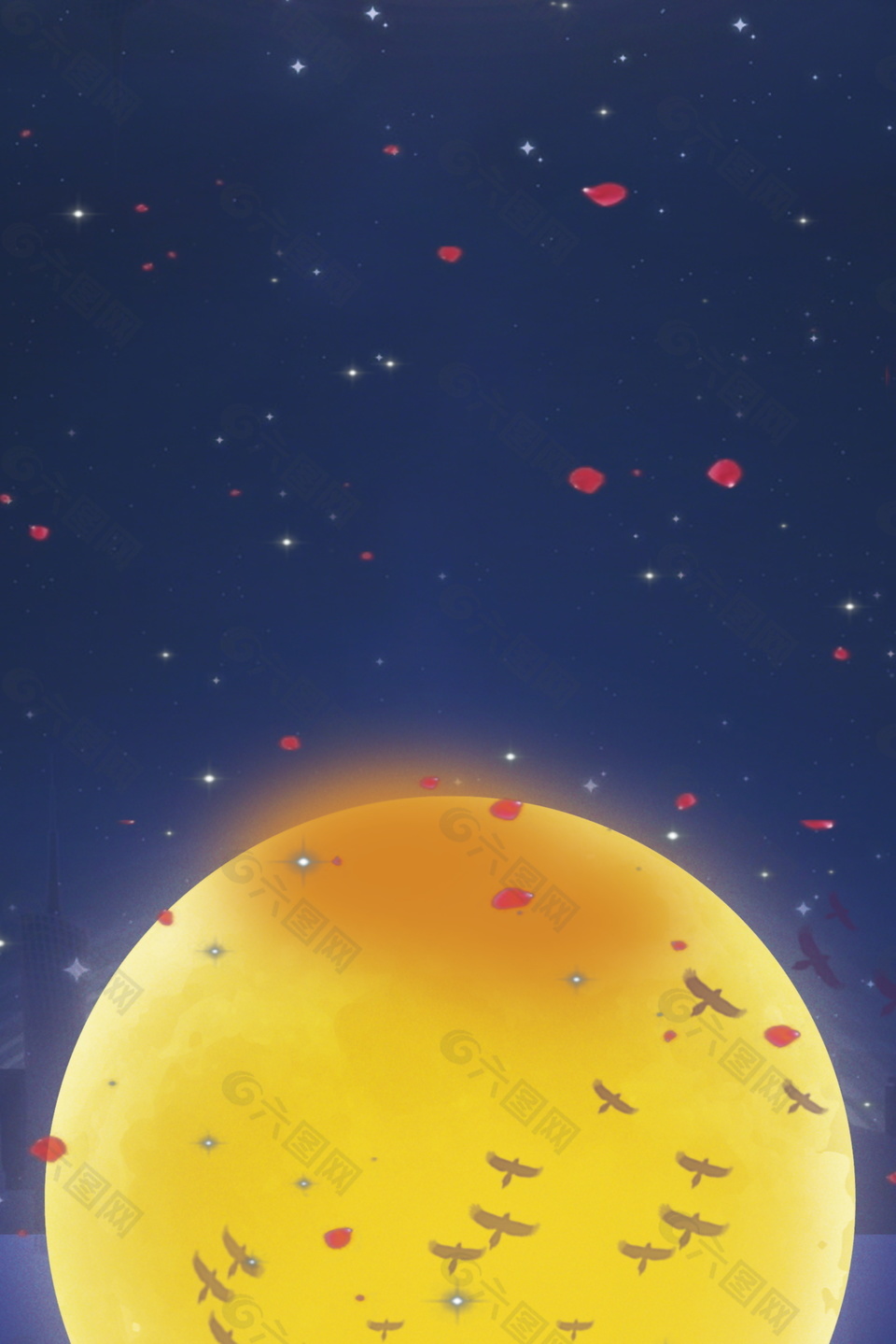 红色花瓣月亮上的喜鹊相会七夕情人节背景
