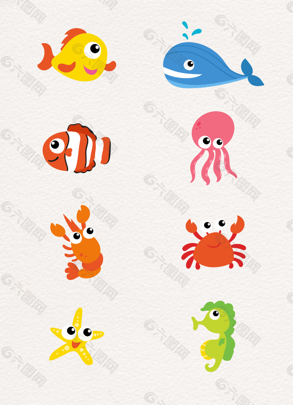大眼萌趣缤纷彩色海洋生物卡通设计