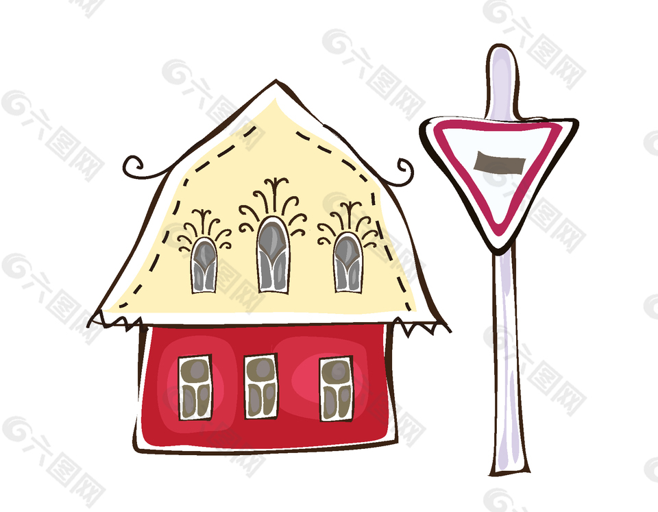 矢量手绘交通标志与建筑房子