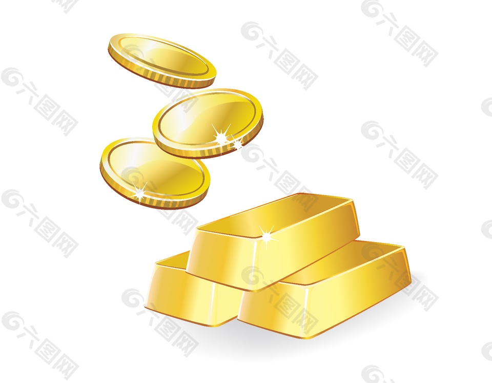 圆形金币与金条矢量图
