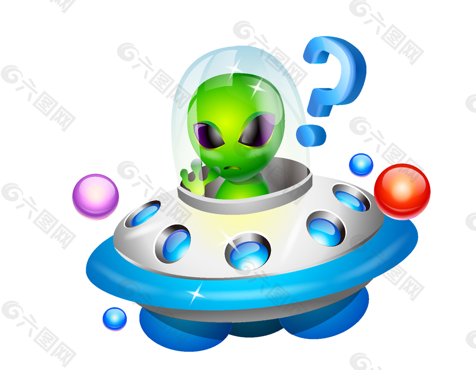 彩色外星飞船与问号矢量图