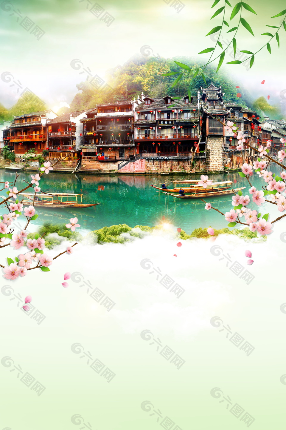粉凝花枝河岸上房屋凤凰古城背景素材