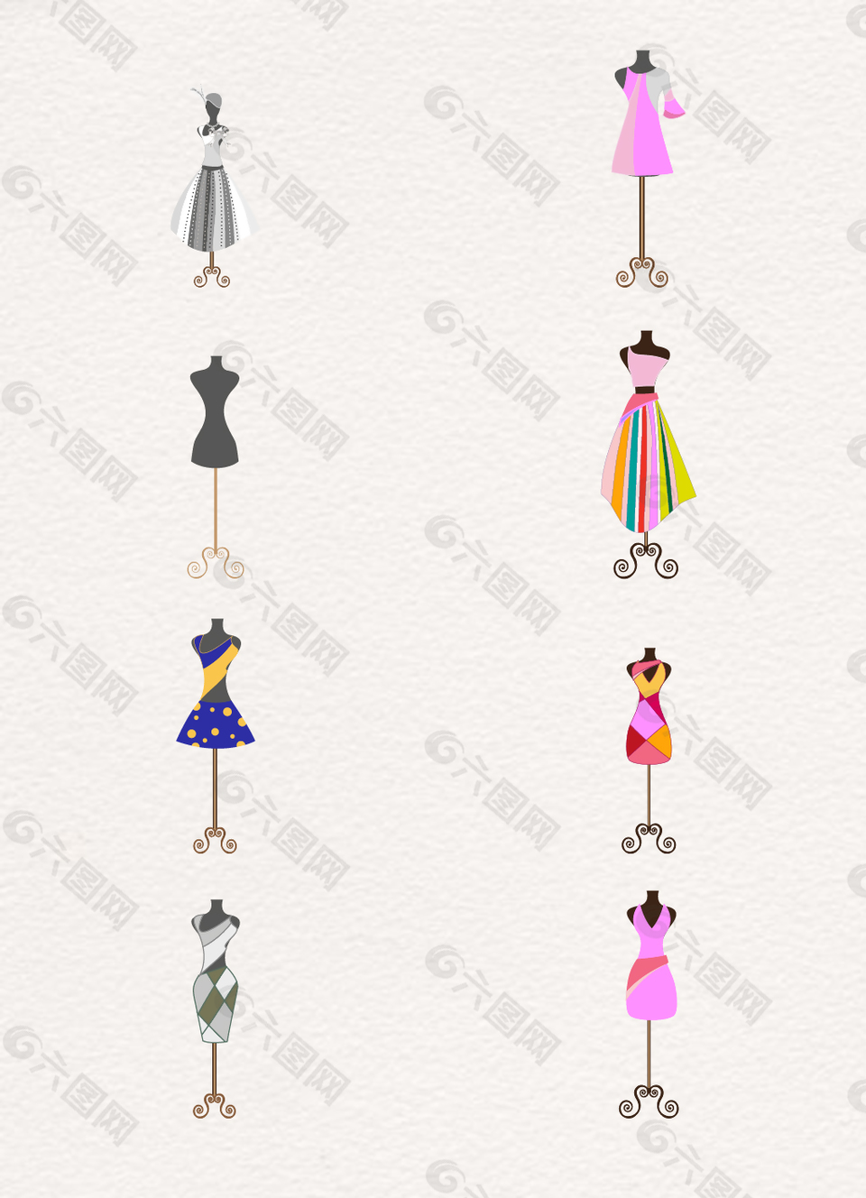 彩色创意8款连衣裙和模特架设计素材