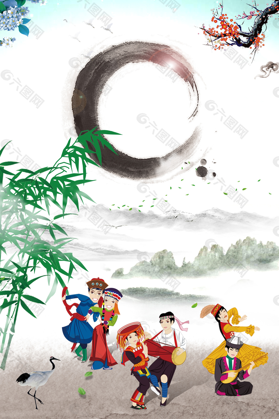 中国风水墨手绘民族舞培训海报背景