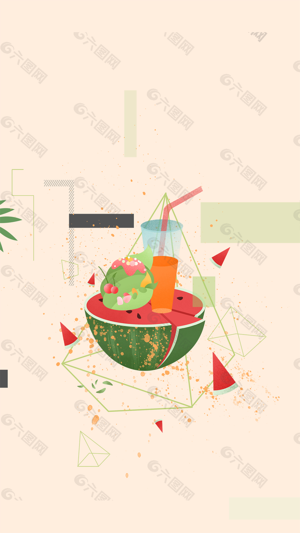 西瓜手绘黄色果汁饮料夏日背景