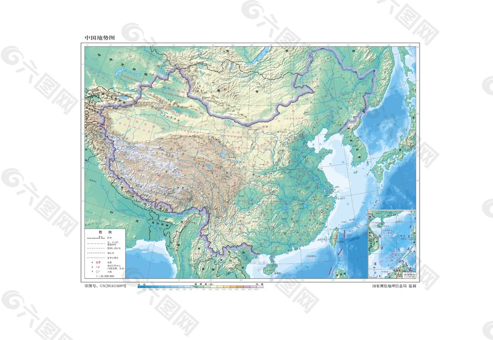 中国地势图1:1600万8开
