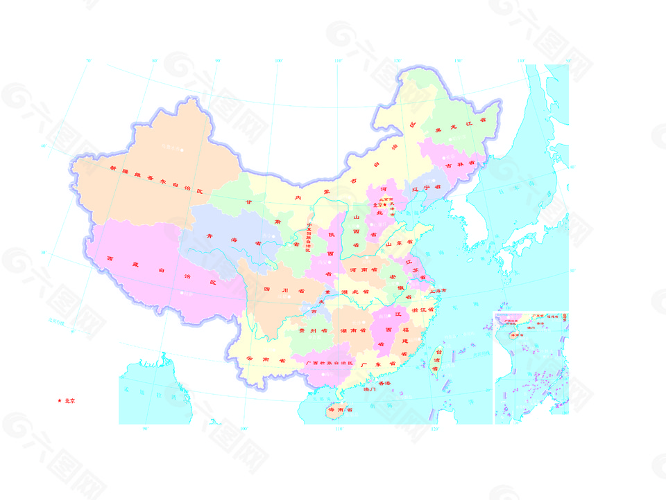 中国地图1:2200万16开分省设色