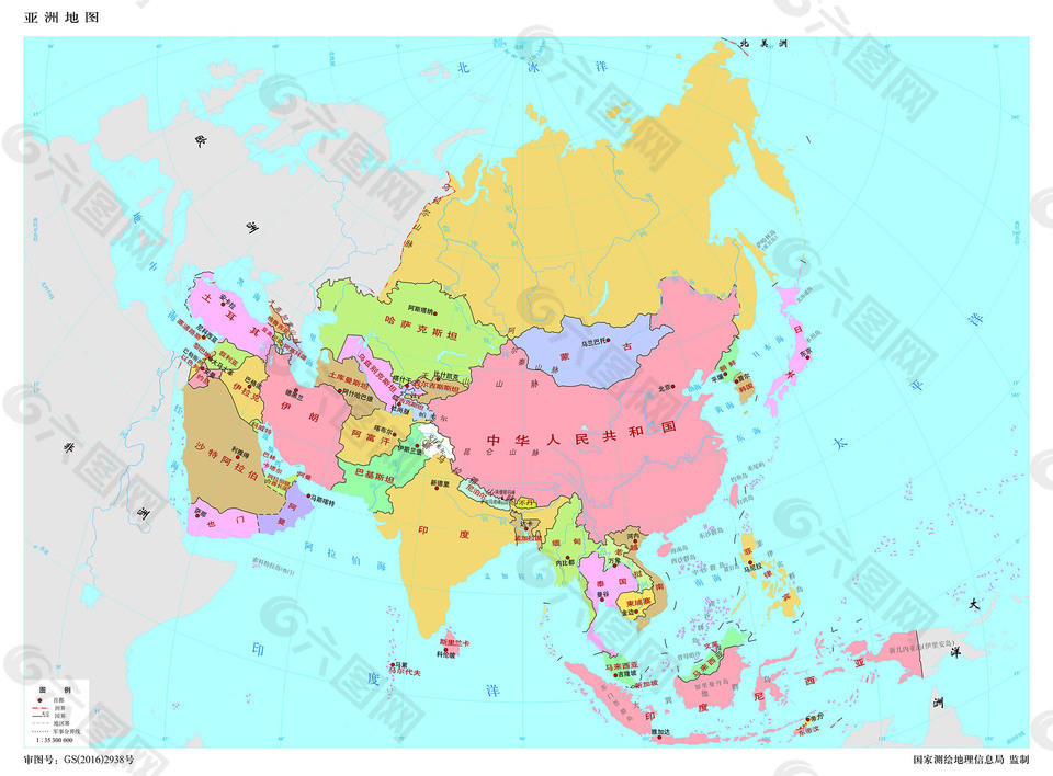 亚洲地图1:3530万8开分国设色