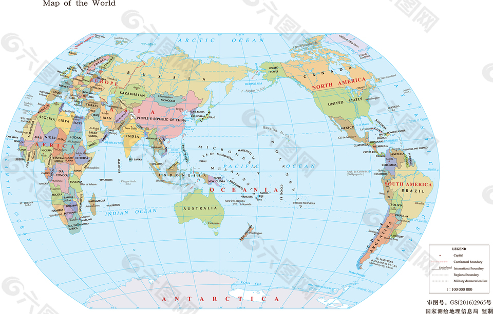 世界地图一1:1亿8开英分国设色