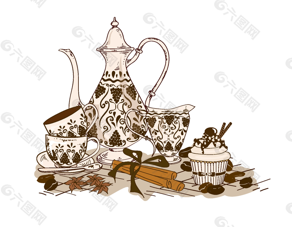 卡通线条花纹茶具元素