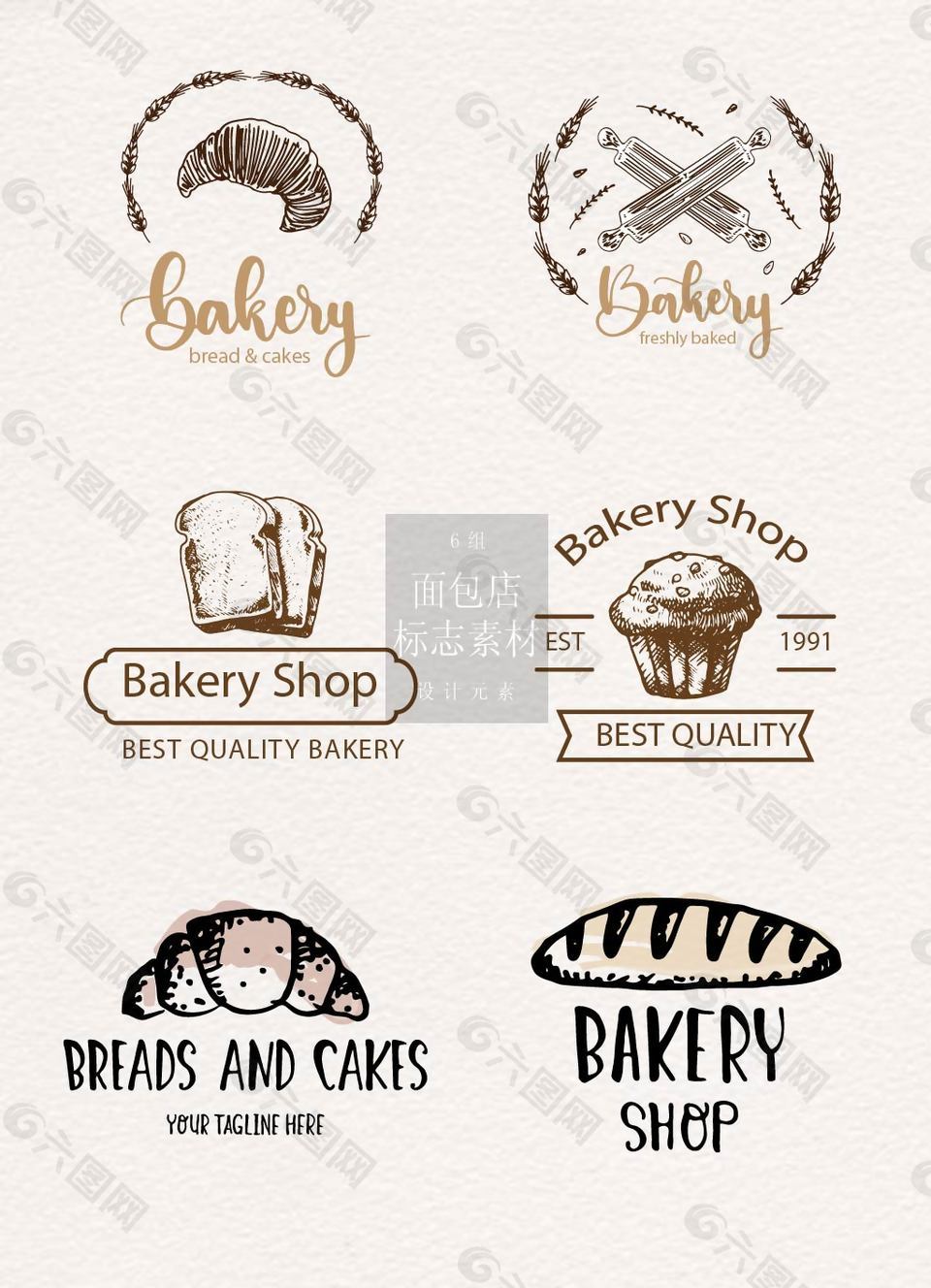 手绘的复古面包店标签素材
