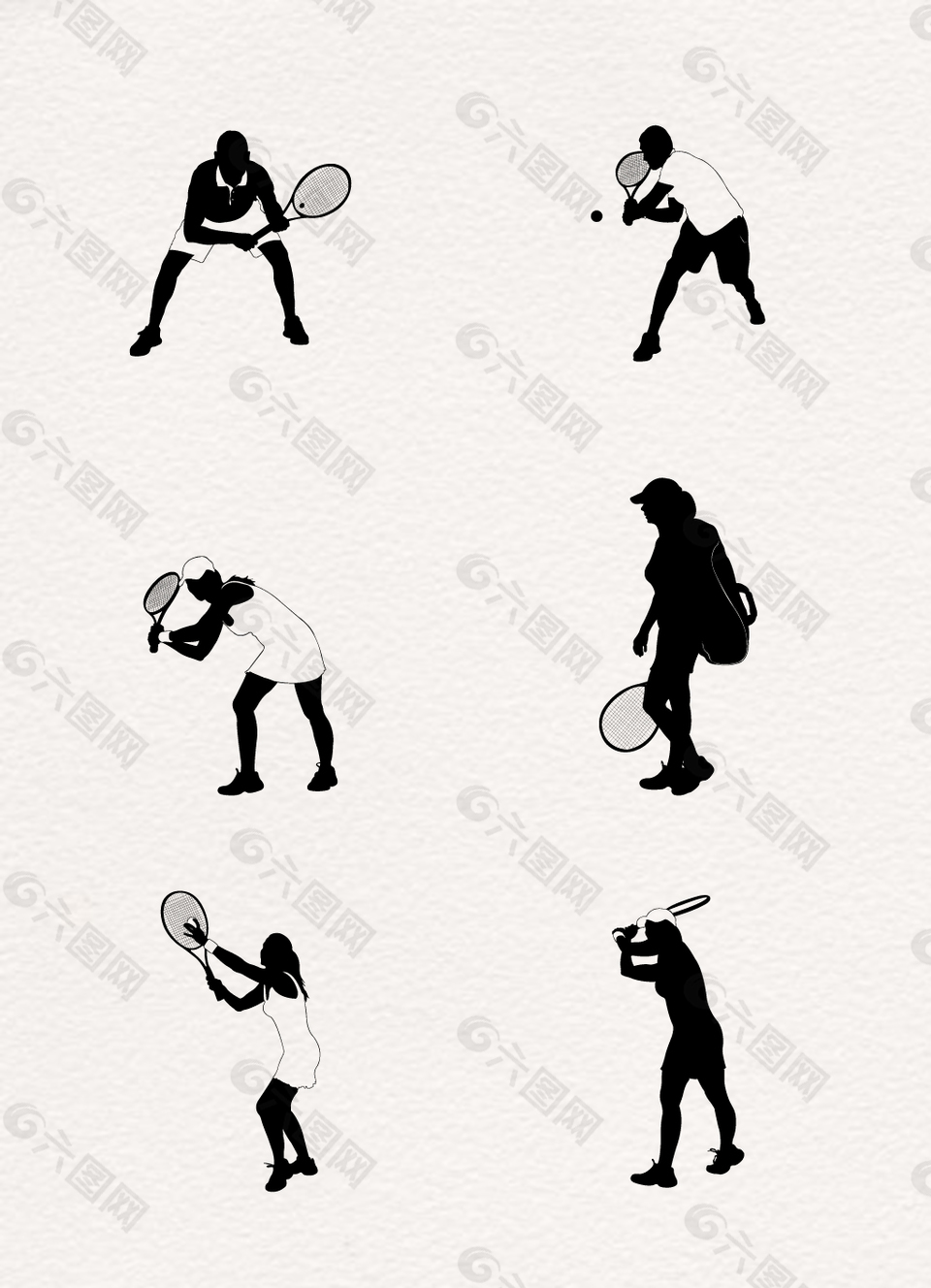 黑色卡通打网球人物剪影设计