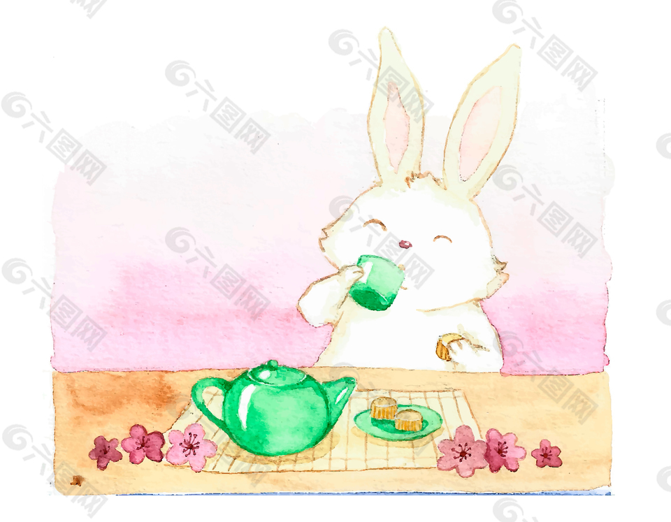卡通可爱小兔子吃饭元素