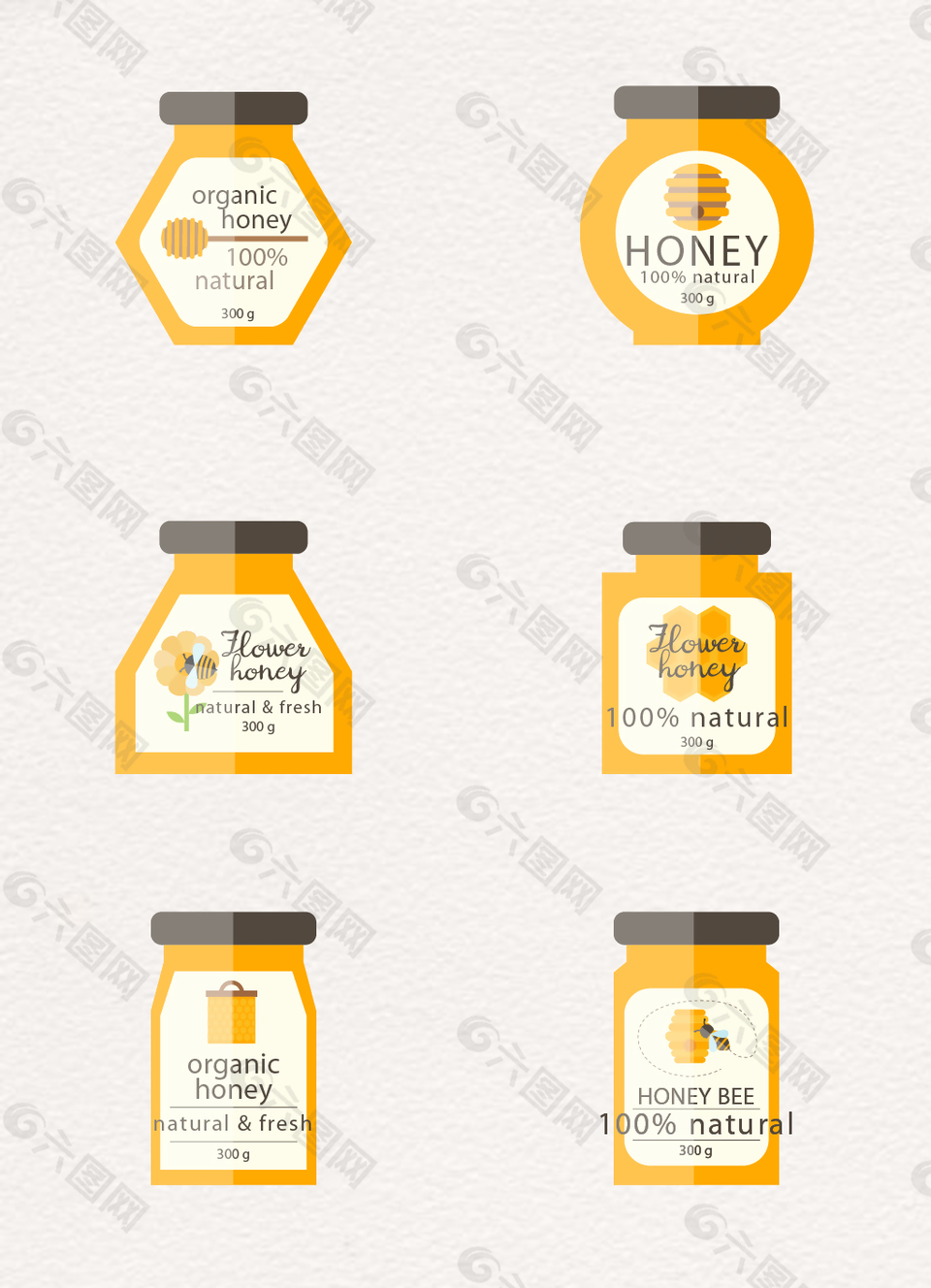 6款扁平化有机蜂蜜包装矢量图