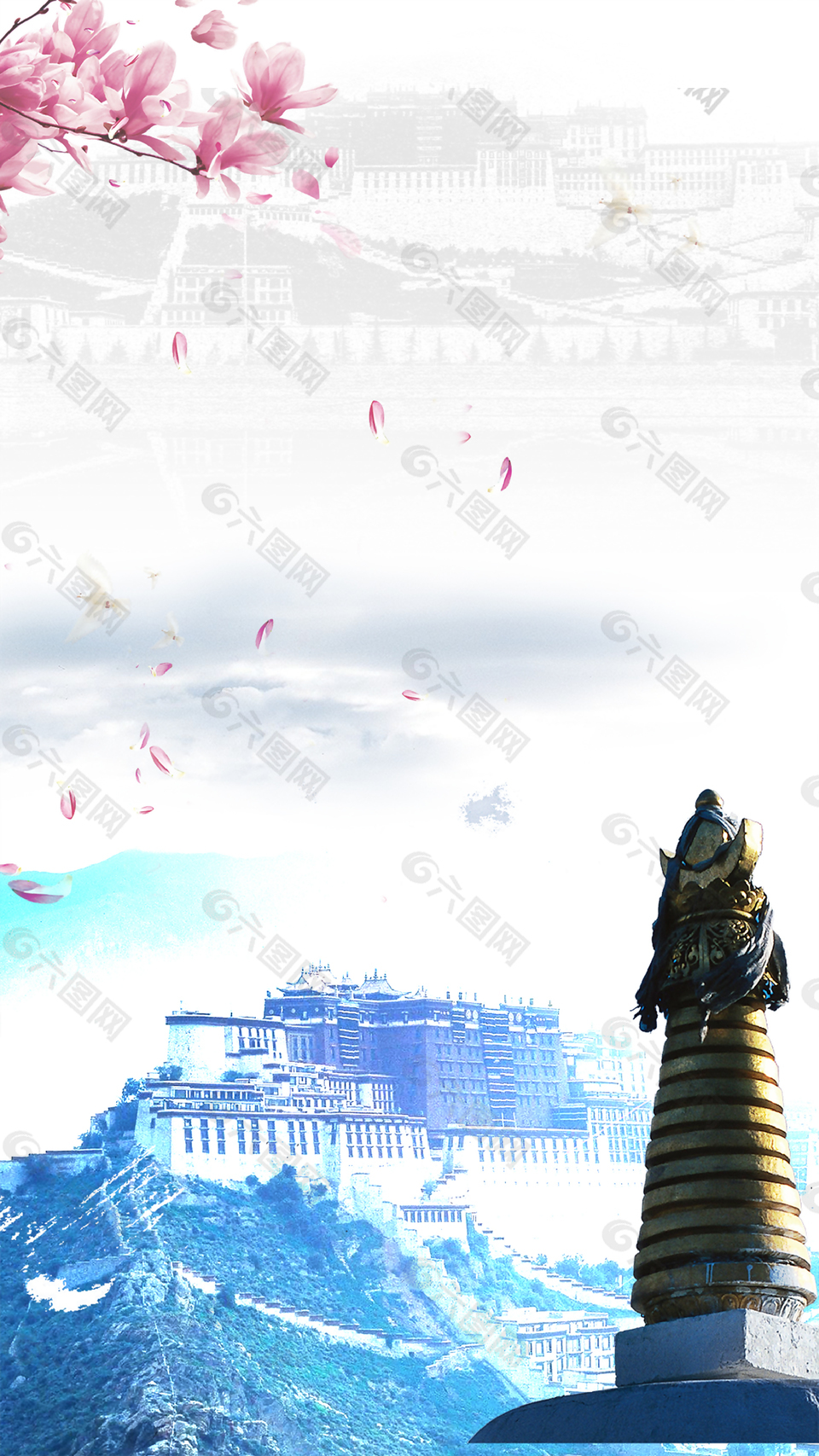 粉色水墨风国庆公司布达拉宫佛教旅游背景
