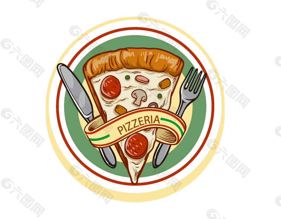手绘圆形盘子里的美味披萨