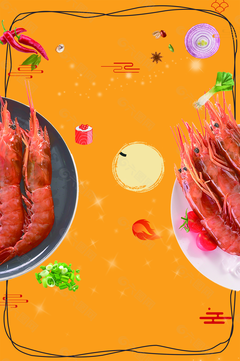 海鲜红色日式风味大虾背景